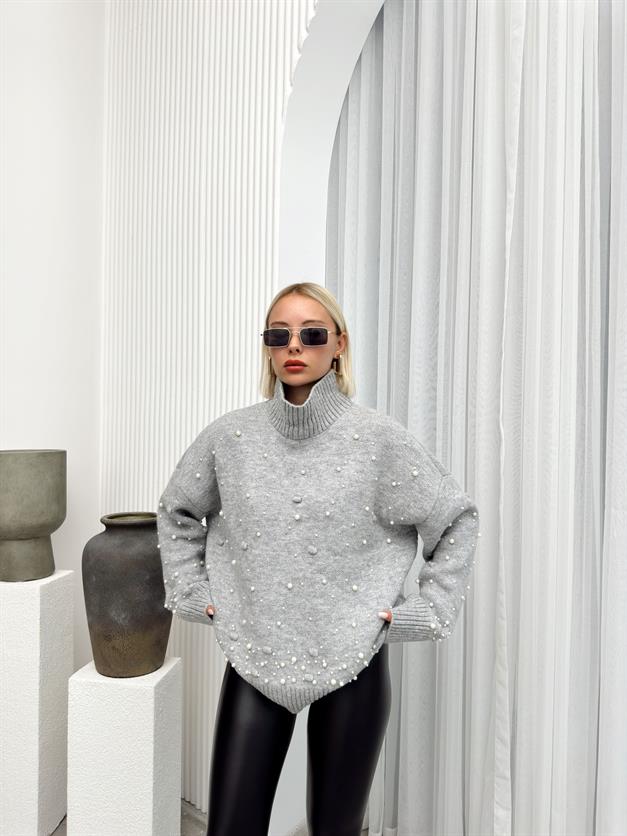 Turtleneck Pearl Detailed Oversized Knitwear Sweater GREY 8240