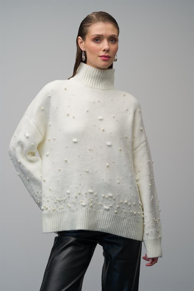 Turtleneck Pearl Detailed Oversized Knitwear Sweater IVORY 8240