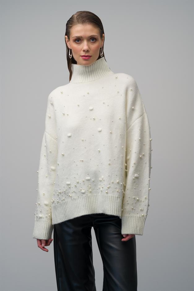Turtleneck Pearl Detailed Oversized Knitwear Sweater IVORY 8240