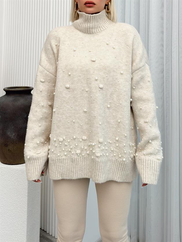 Turtleneck Pearl Detailed Oversized Knitwear Sweater IVORY 8240