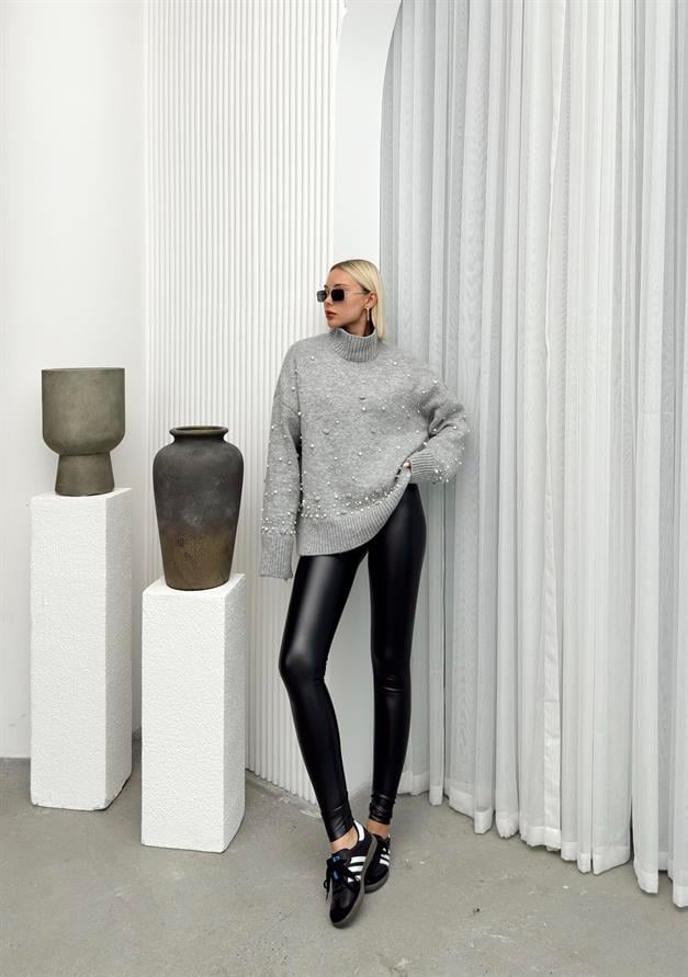 Turtleneck Pearl Detailed Oversized Knitwear Sweater GREY 8240