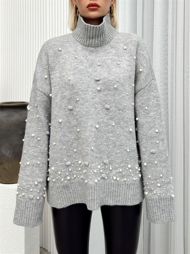 Turtleneck Pearl Detailed Oversized Knitwear Sweater GREY 8240