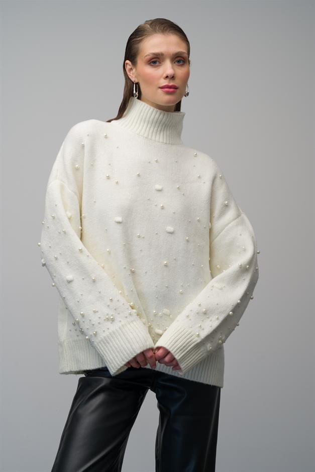 Turtleneck Pearl Detailed Oversized Knitwear Sweater IVORY 8240