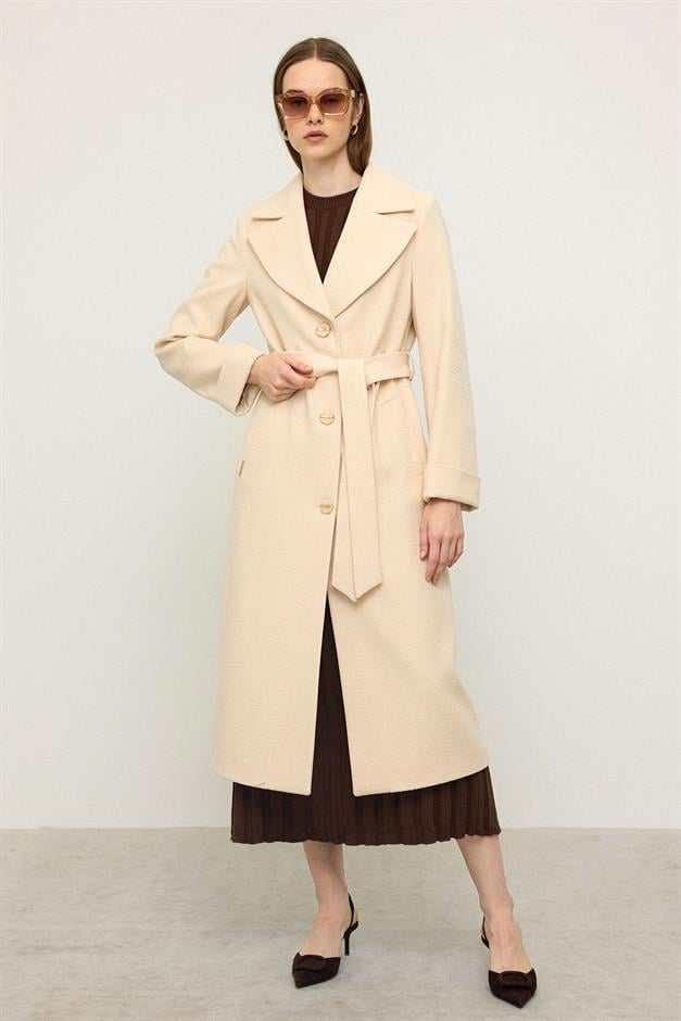 معطف بنقشة جاكار متعرجة، مربوط عند الخصر، إصدار محدود كريم 3136