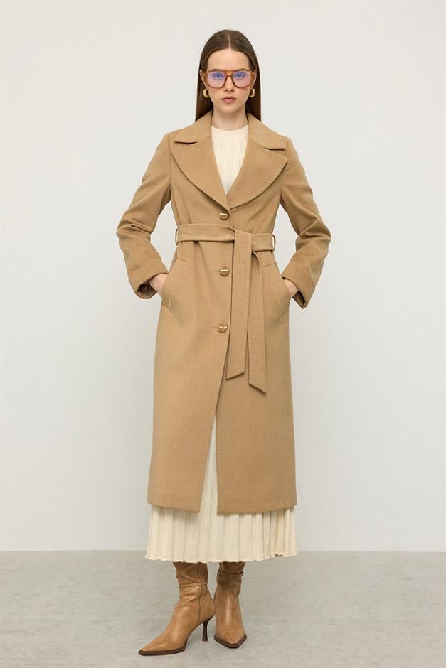 معطف بنقشة جاكار متعرجة، مربوط عند الخصر، إصدار محدود كامل 3136