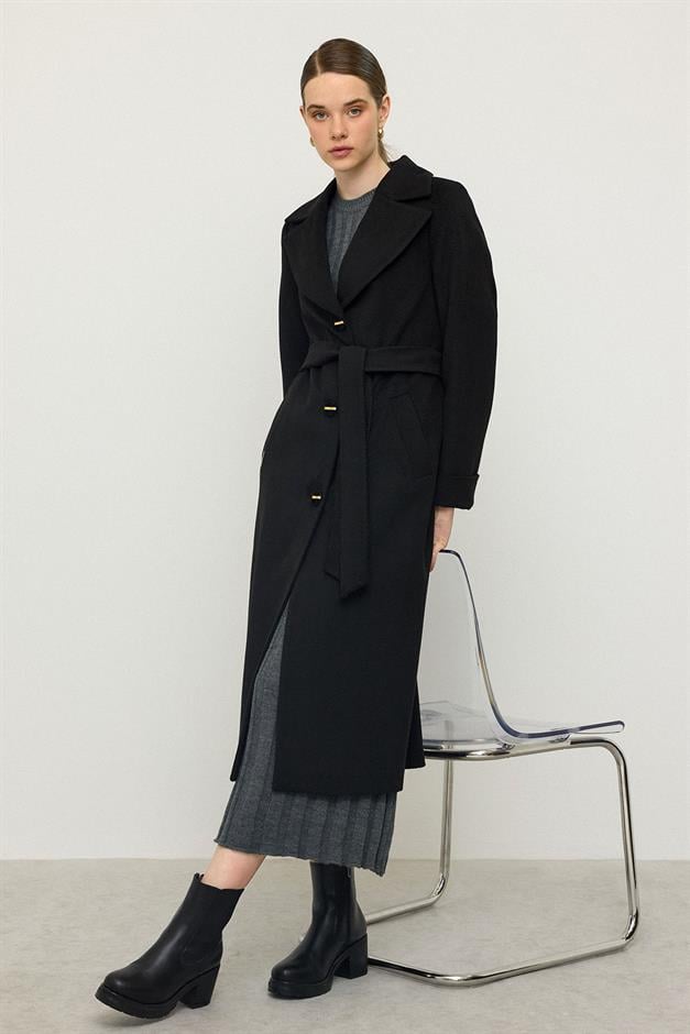 معطف بنقشة جاكار متعرجة، مربوط عند الخصر، إصدار محدود أسود 3136