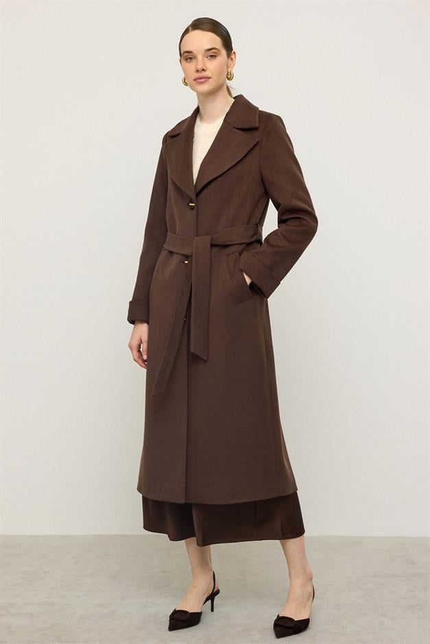 معطف بنقشة جاكار متعرجة، مربوط عند الخصر، إصدار محدود قهوة 3136