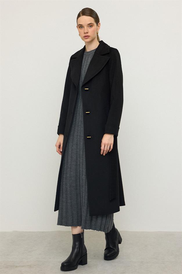 معطف بنقشة جاكار متعرجة، مربوط عند الخصر، إصدار محدود أسود 3136