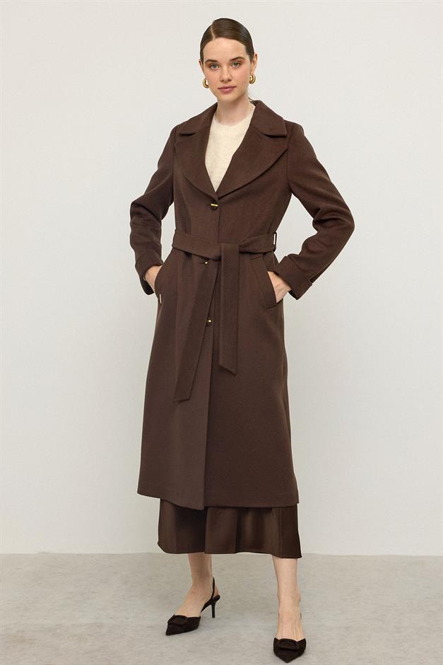 معطف بنقشة جاكار متعرجة، مربوط عند الخصر، إصدار محدود قهوة 3136