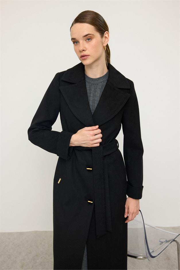 معطف بنقشة جاكار متعرجة، مربوط عند الخصر، إصدار محدود أسود 3136