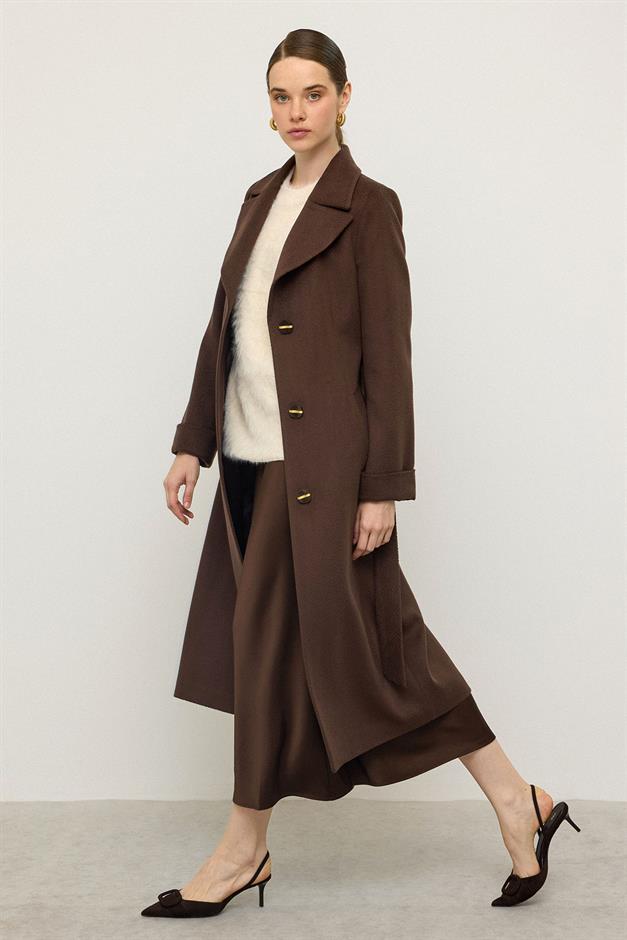 معطف بنقشة جاكار متعرجة، مربوط عند الخصر، إصدار محدود قهوة 3136