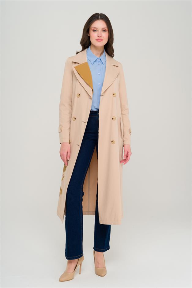 Printed and Stone Detailed Garnished Unlined Trench Coat IVORY 6694