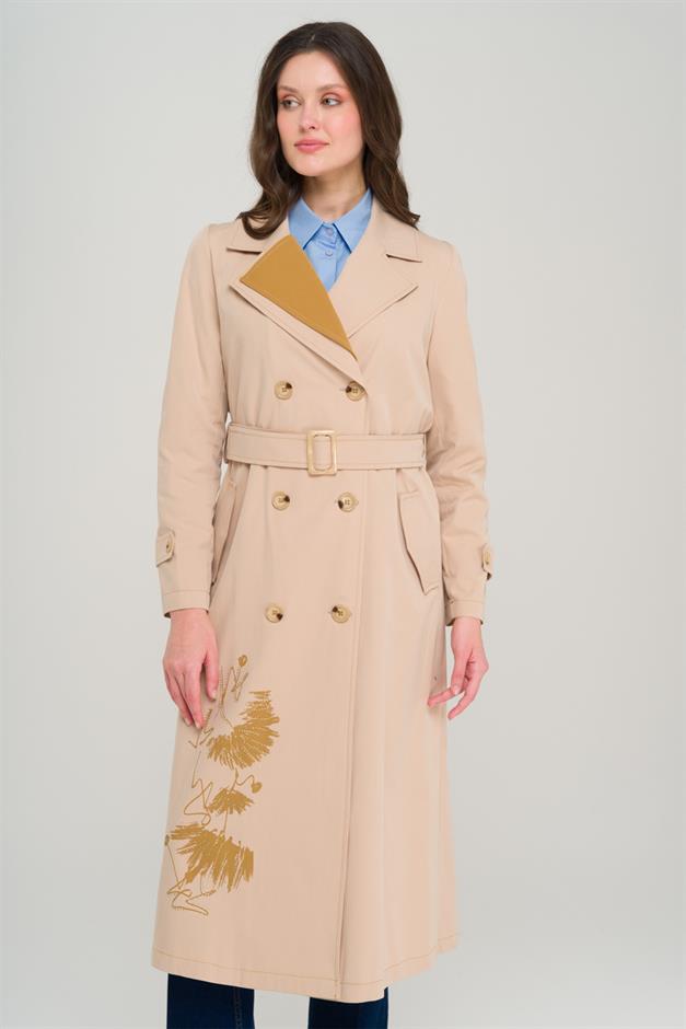 Printed and Stone Detailed Garnished Unlined Trench Coat IVORY 6694