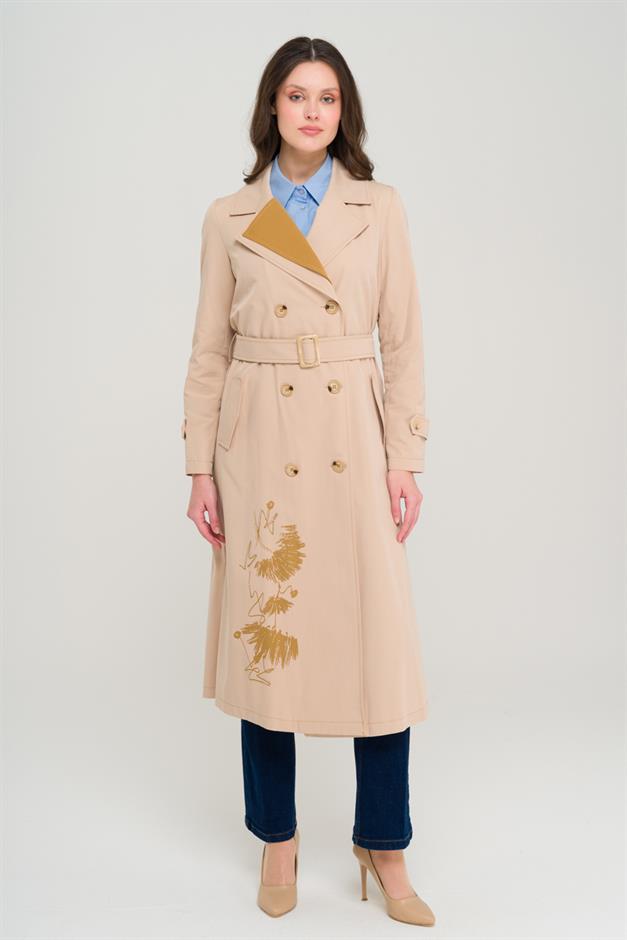 Printed and Stone Detailed Garnished Unlined Trench Coat IVORY 6694