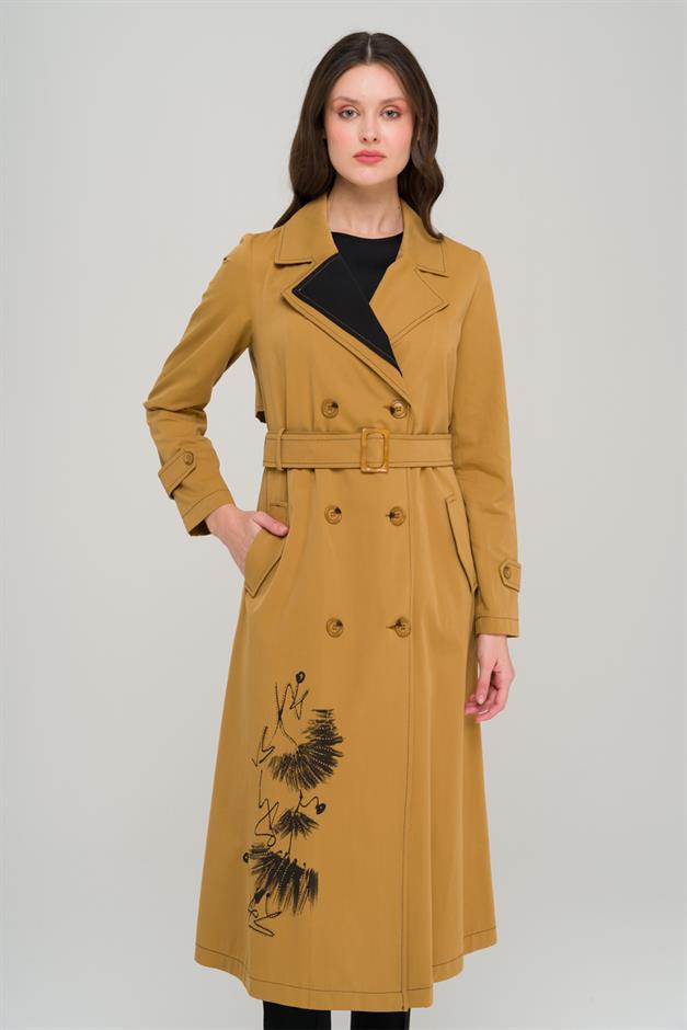 Printed and Stone Detailed Garnished Unlined Trench Coat CAMEL 6694