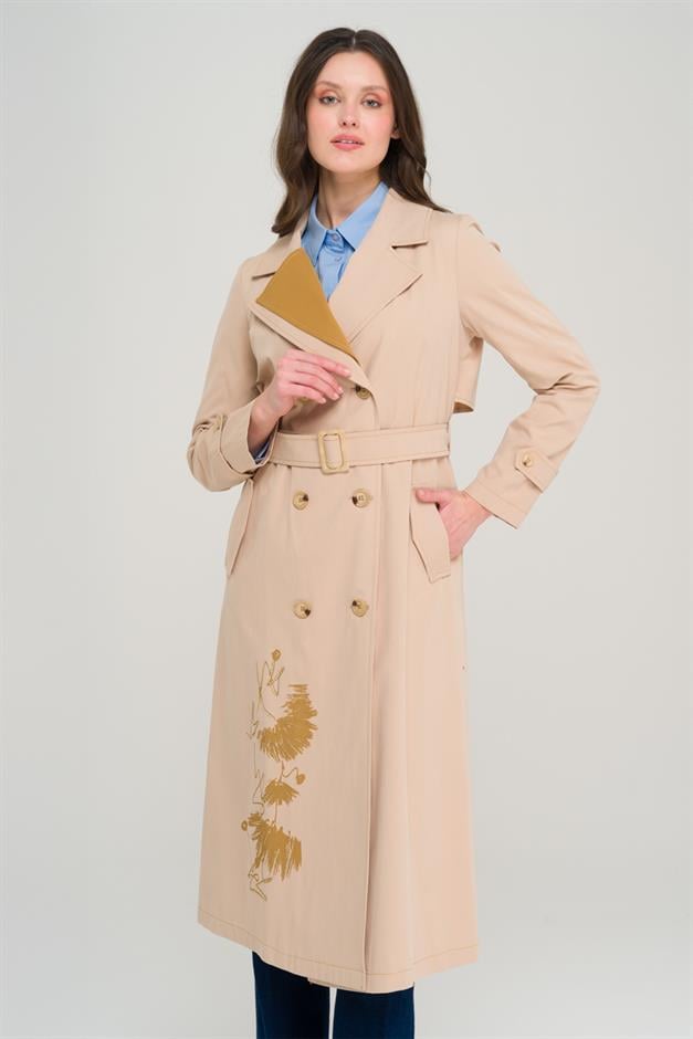 Printed and Stone Detailed Garnished Unlined Trench Coat IVORY 6694