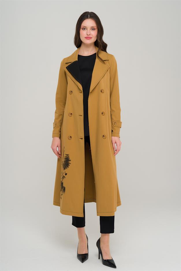 Printed and Stone Detailed Garnished Unlined Trench Coat CAMEL 6694