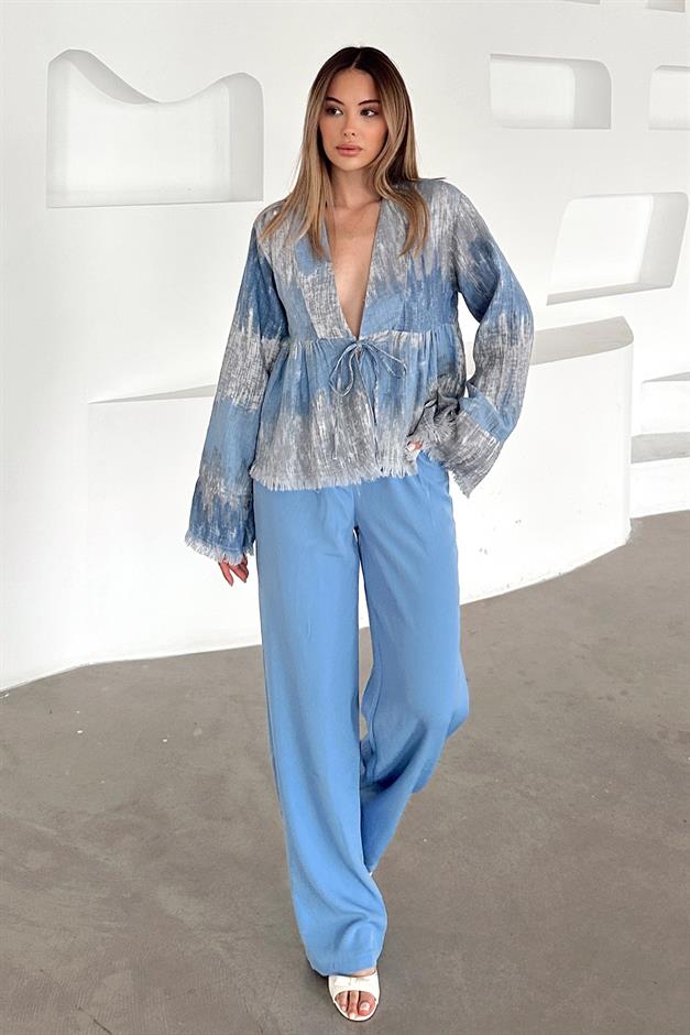 Batik Pattern Tassel Detailed Lace-Up Shirt BLUE 9358