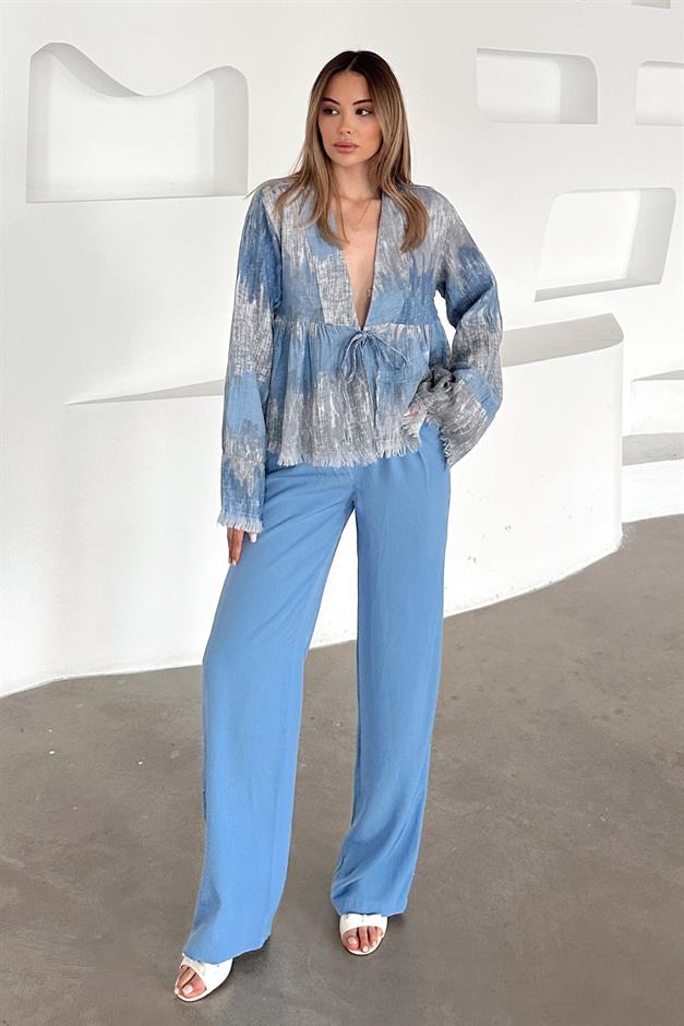 Batik Pattern Tassel Detailed Lace-Up Shirt BLUE 9358