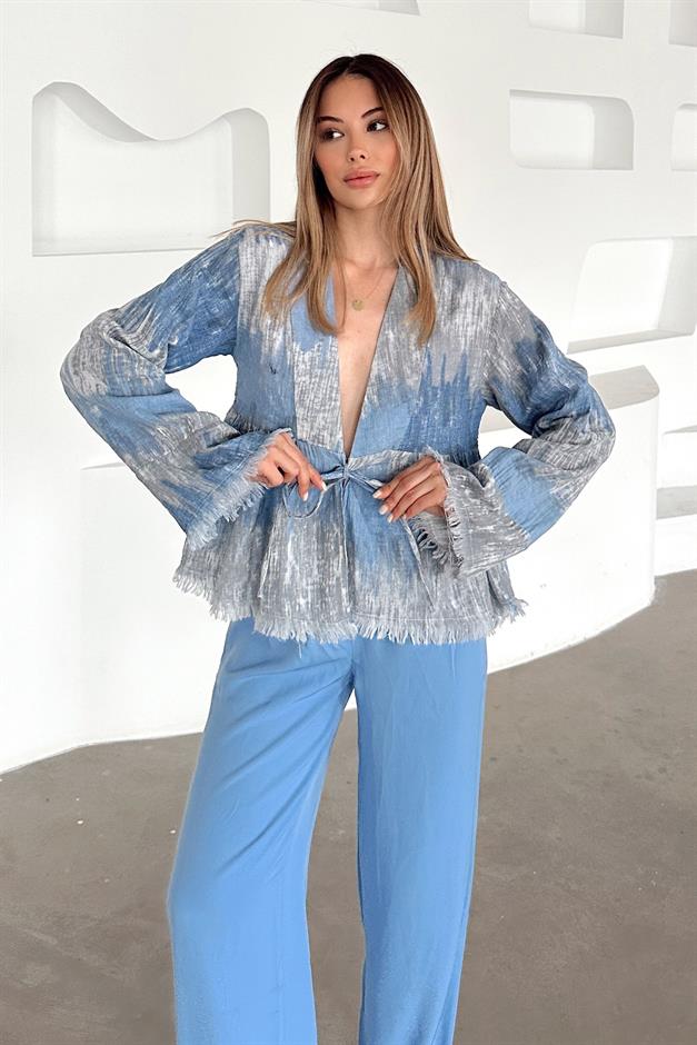 Batik Pattern Tassel Detailed Lace-Up Shirt BLUE 9358