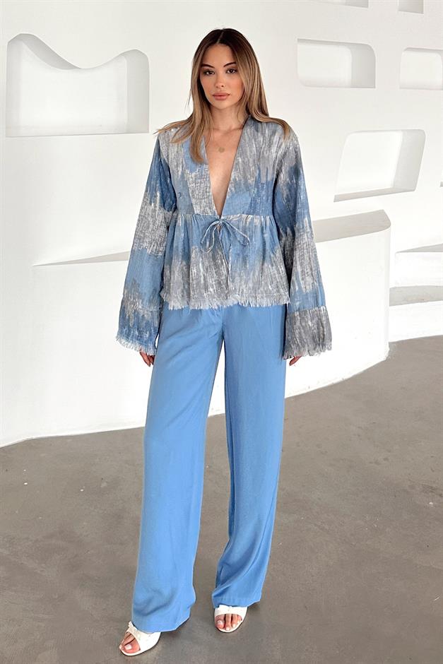 Batik Pattern Tassel Detailed Lace-Up Shirt BLUE 9358