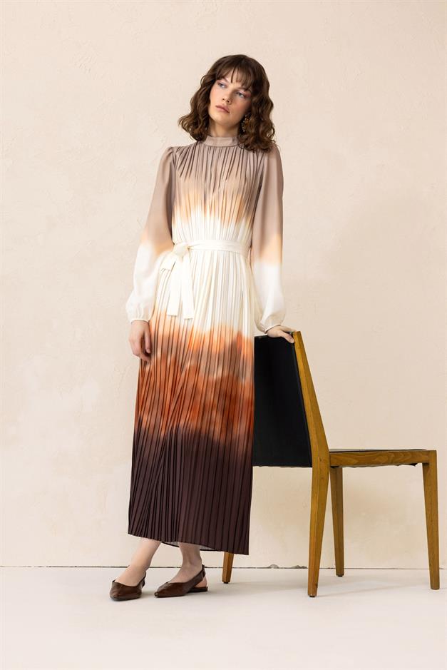 Batik Patterned Pleated Long Dress COFFEE 9304-E