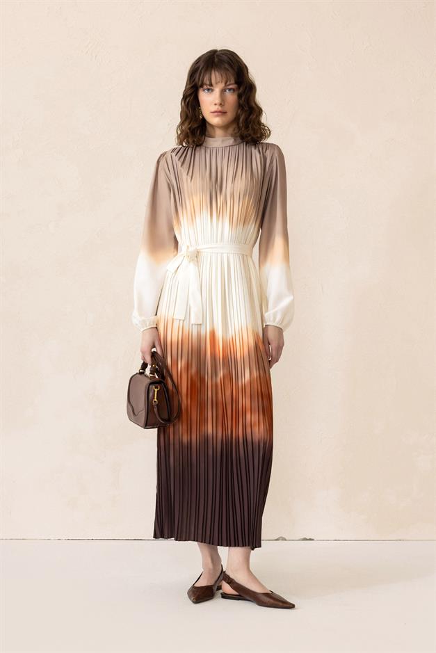 Batik Patterned Pleated Long Dress COFFEE 9304-E