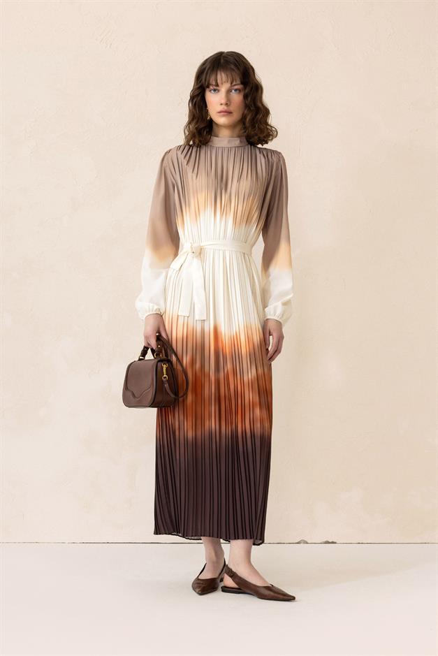 Batik Patterned Pleated Long Dress COFFEE 9304-E