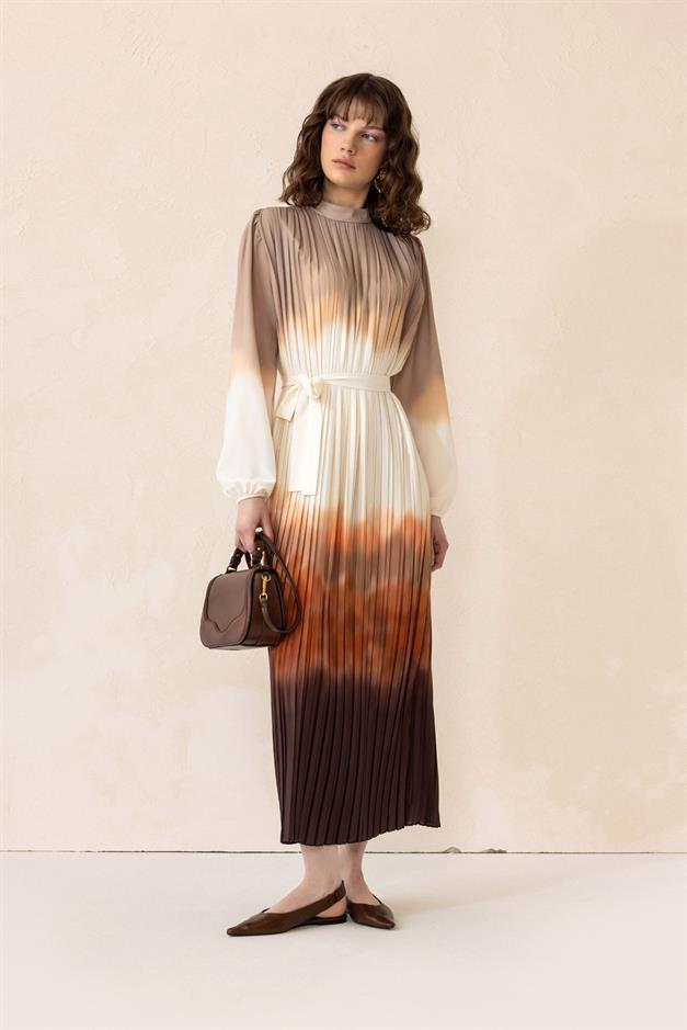 Batik Patterned Pleated Long Dress COFFEE 9304-E