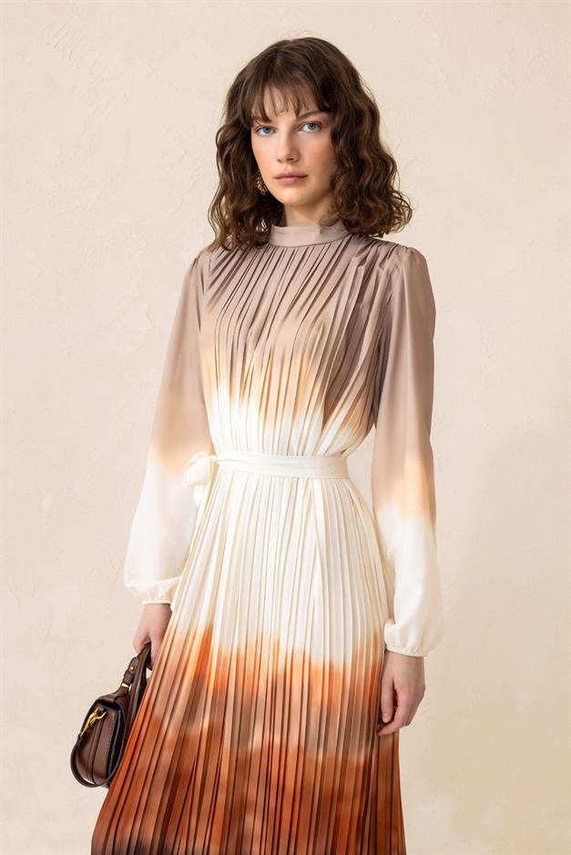 Batik Patterned Pleated Long Dress COFFEE 9304-E