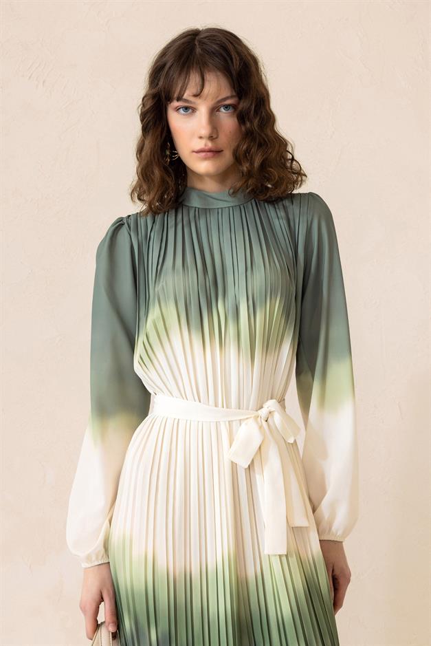 Batik Patterned Pleated Long Dress GREEN 9304-E