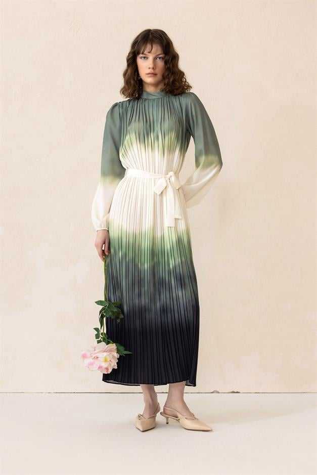 Batik Patterned Pleated Long Dress GREEN 9304-E