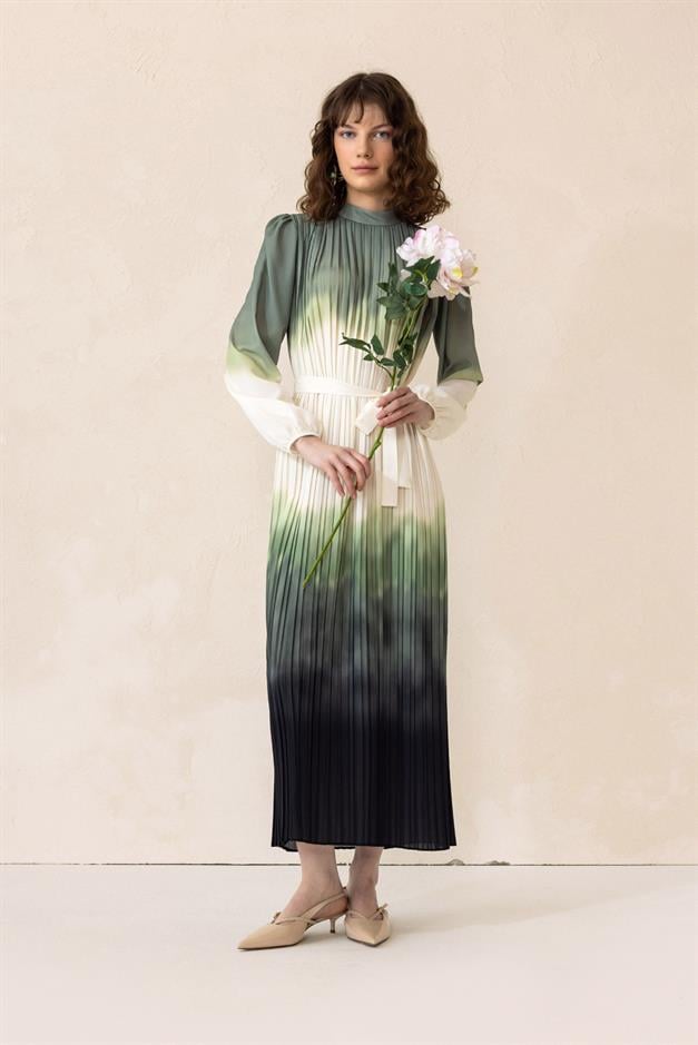 Batik Patterned Pleated Long Dress GREEN 9304-E