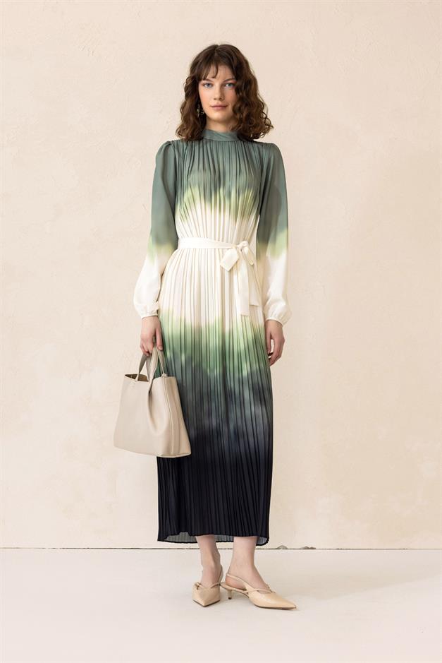 Batik Patterned Pleated Long Dress GREEN 9304-E