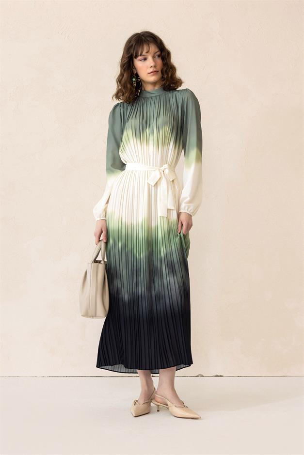 Batik Patterned Pleated Long Dress GREEN 9304-E