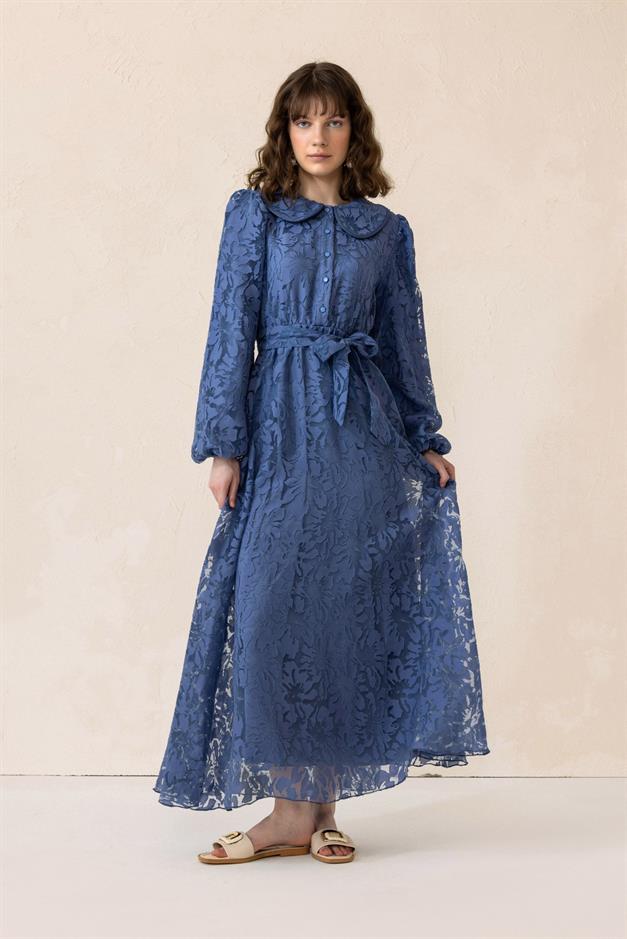 Bebe Yaka Balon Kol Güpür Kumaş Uzun Elbise İNDİGO 9300-E