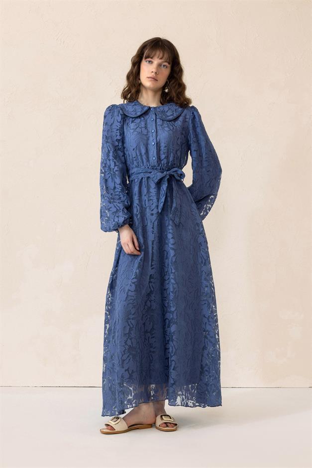 Bebe Yaka Balon Kol Güpür Kumaş Uzun Elbise İNDİGO 9300-E