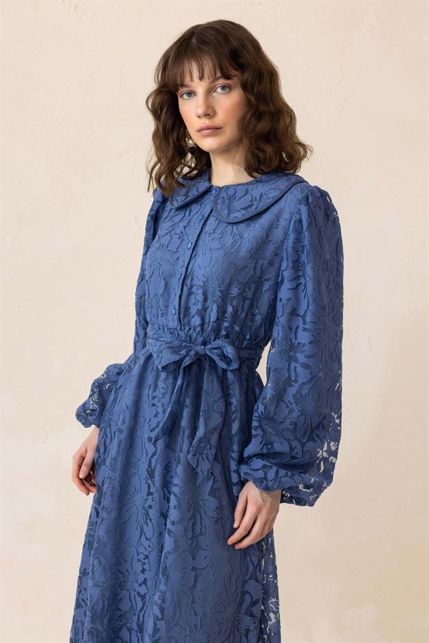 Bebe Yaka Balon Kol Güpür Kumaş Uzun Elbise İNDİGO 9300-E