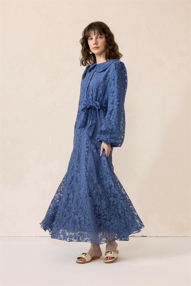 Bebe Yaka Balon Kol Güpür Kumaş Uzun Elbise İNDİGO 9300-E