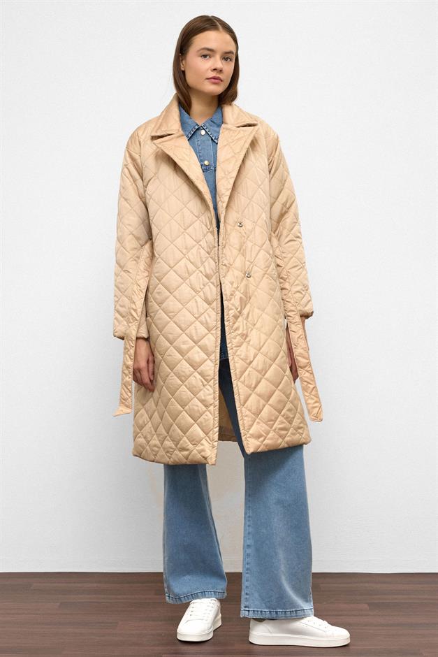 معطف مبطن مزدوج الصدر مع قفل كبس وربطة خصر حجر 6786