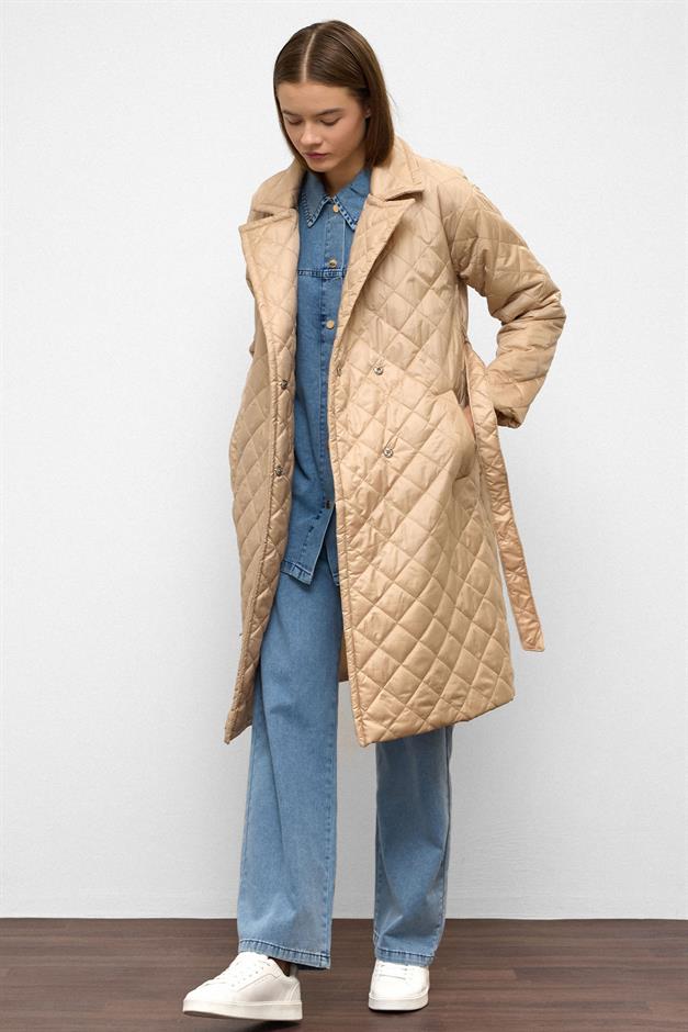 معطف مبطن مزدوج الصدر مع قفل كبس وربطة خصر حجر 6786