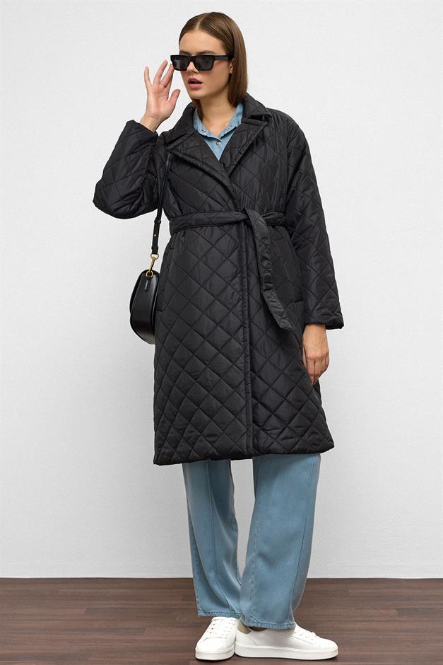 معطف مبطن مزدوج الصدر مع قفل كبس وربطة خصر أسود 6786