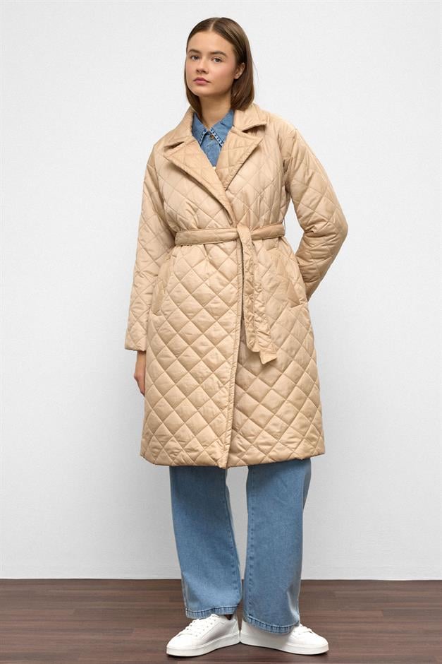 معطف مبطن مزدوج الصدر مع قفل كبس وربطة خصر حجر 6786