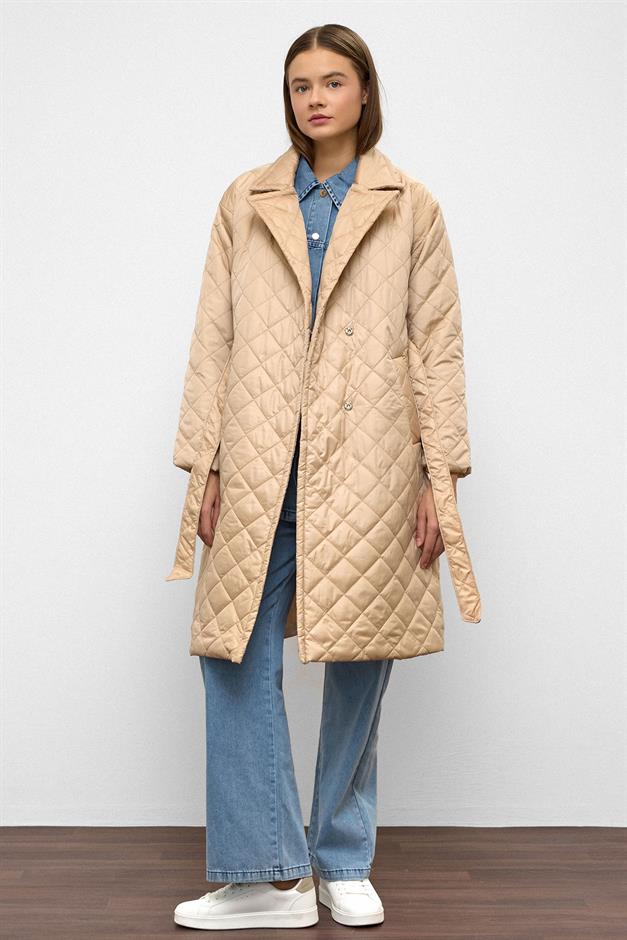 معطف مبطن مزدوج الصدر مع قفل كبس وربطة خصر حجر 6786