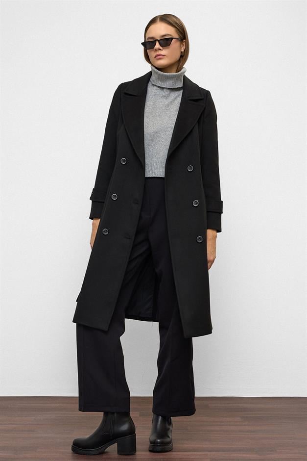 معطف متوسط الطول ذو صدر مزدوج ورباط على الخصر أسود 3987-Y