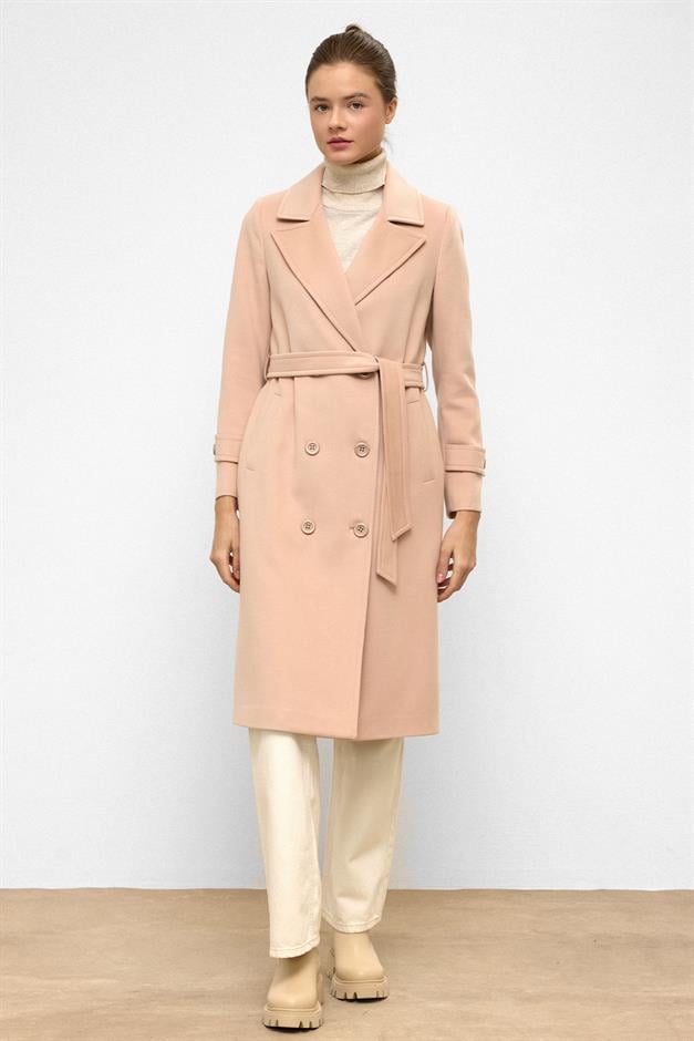 معطف متوسط الطول ذو صدر مزدوج ورباط على الخصر مسحوق 3987-Y