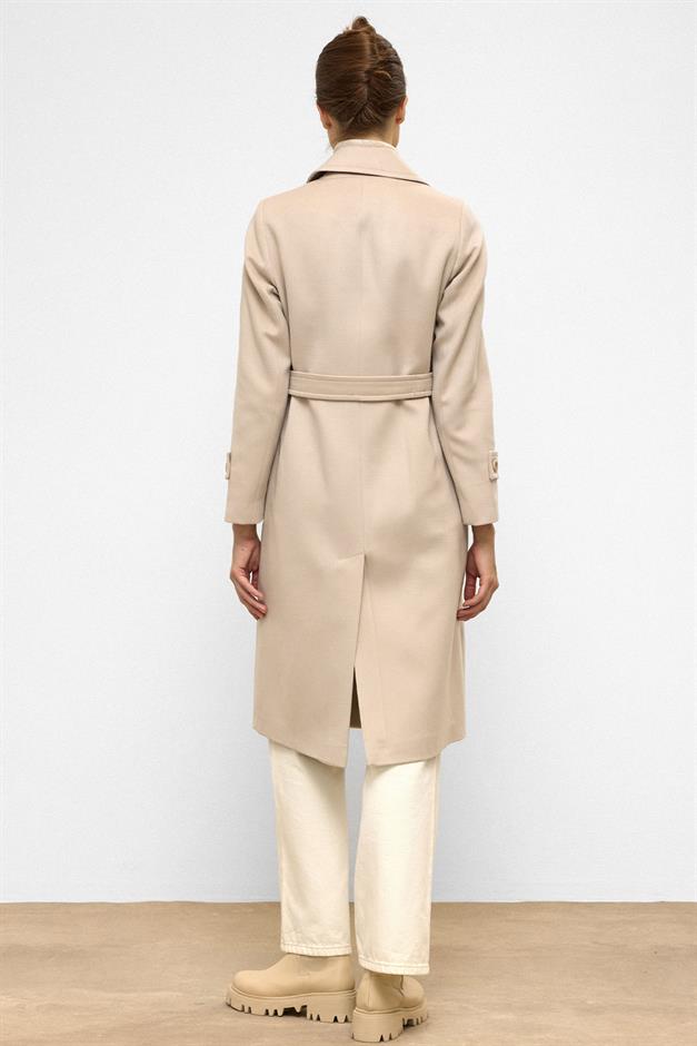 معطف متوسط الطول ذو صدر مزدوج ورباط على الخصر حجر 3987-Y