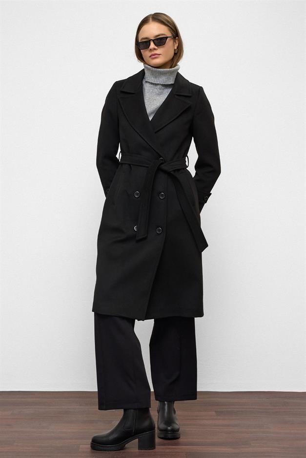 معطف متوسط الطول ذو صدر مزدوج ورباط على الخصر أسود 3987-Y