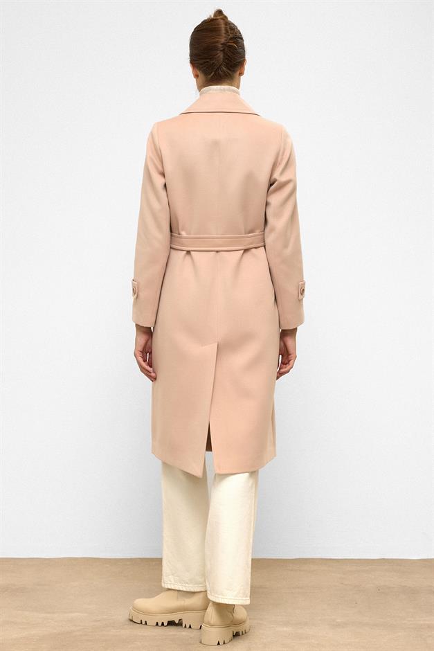 معطف متوسط الطول ذو صدر مزدوج ورباط على الخصر مسحوق 3987-Y