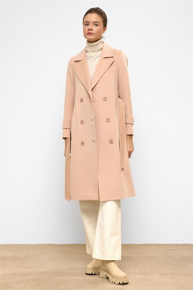 معطف متوسط الطول ذو صدر مزدوج ورباط على الخصر مسحوق 3987-Y